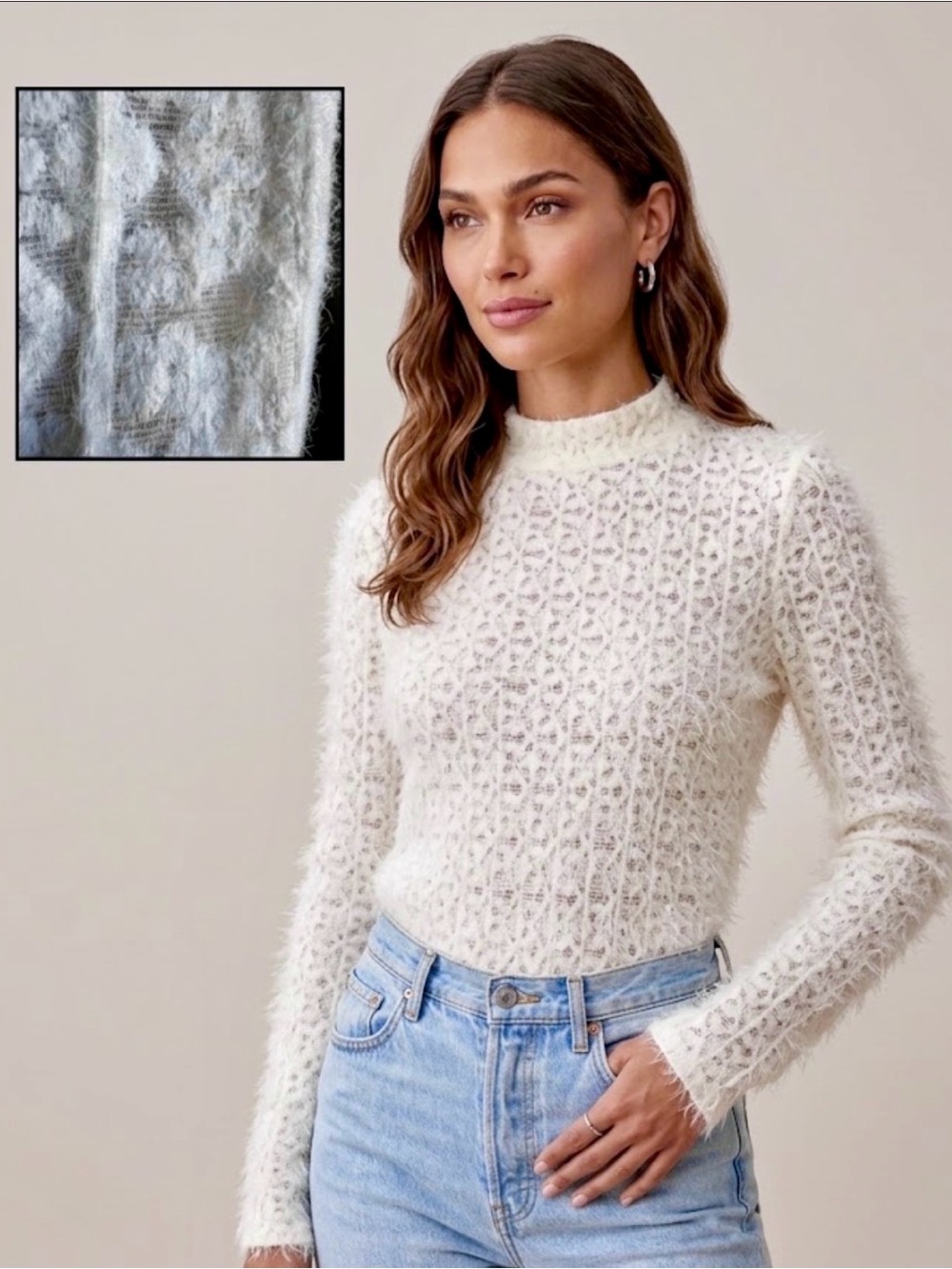 Tru Self Ivory Eyelash Knit Neck Sweater Womens Size XL Textured Lace Top